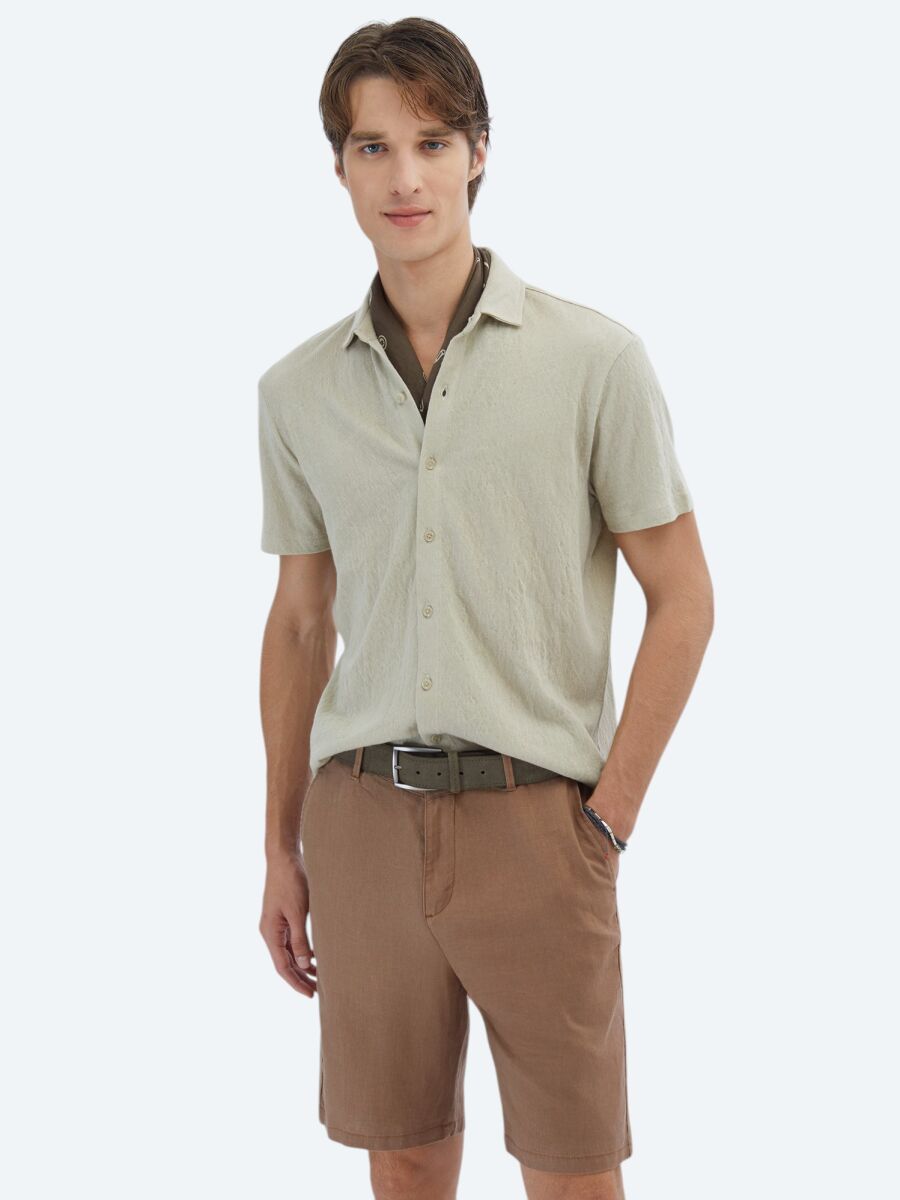 Beige Plain Regular Fit Short Knitting Casual Cotton Blended Shirt - 1