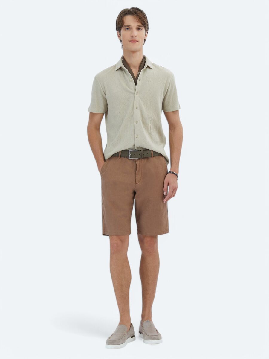 Beige Plain Regular Fit Short Knitting Casual Cotton Blended Shirt - 2