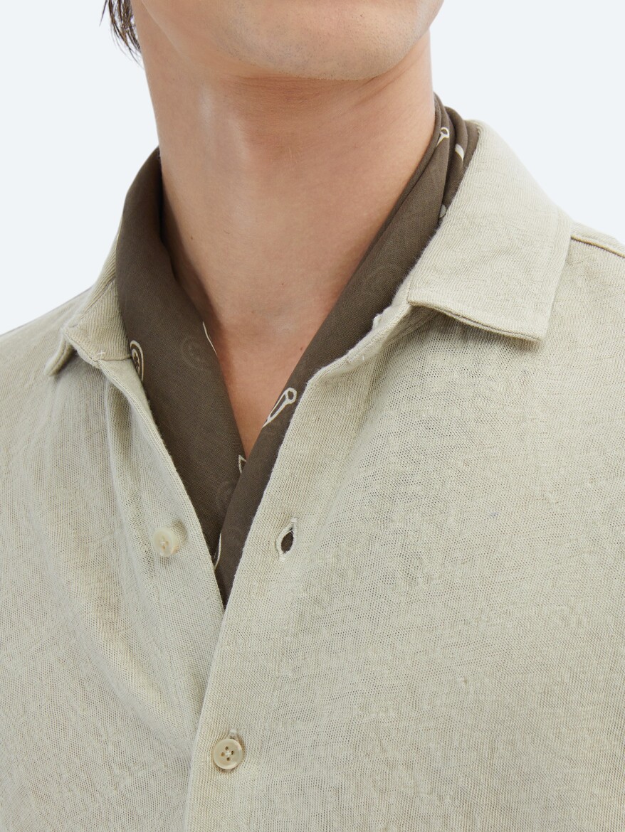 Beige Plain Regular Fit Short Knitting Casual Cotton Blended Shirt - 5