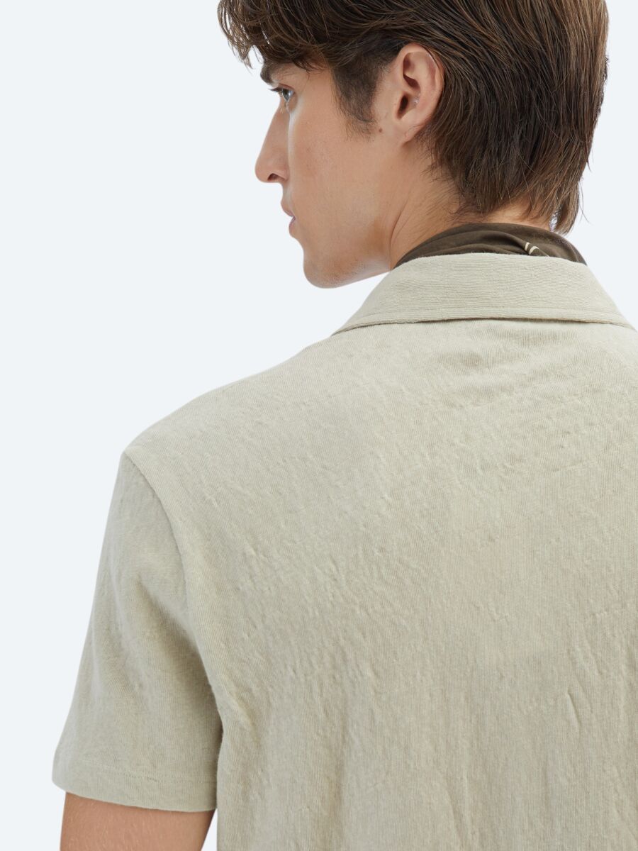 Beige Plain Regular Fit Short Knitting Casual Cotton Blended Shirt - 6