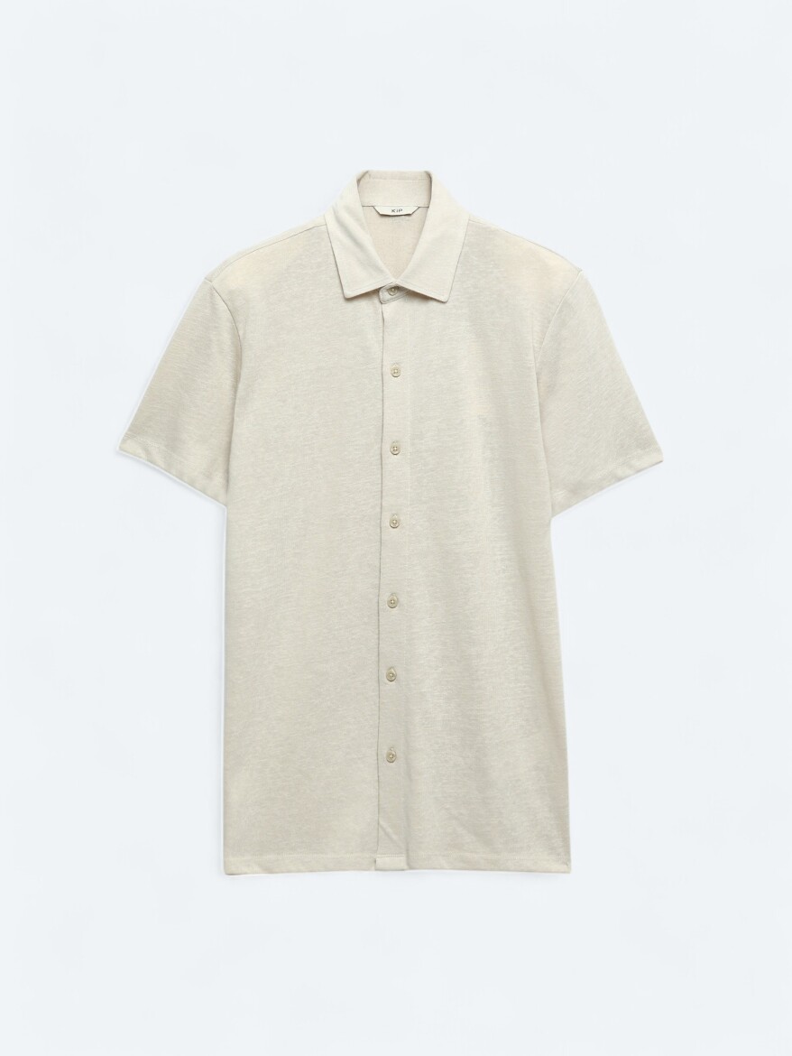 Beige Plain Regular Fit Short Knitting Casual Cotton Blended Shirt - 8