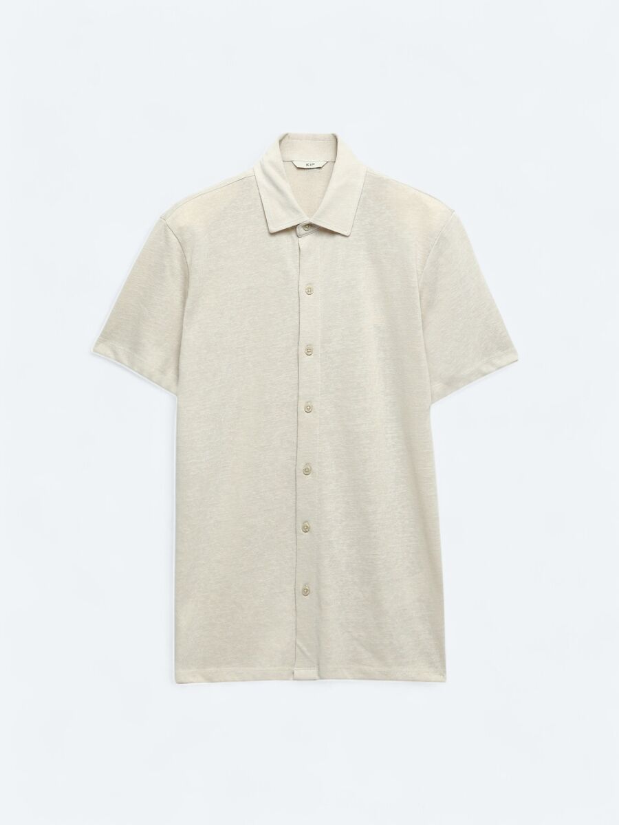 Beige Plain Regular Fit Short Knitting Casual Cotton Blended Shirt - 8