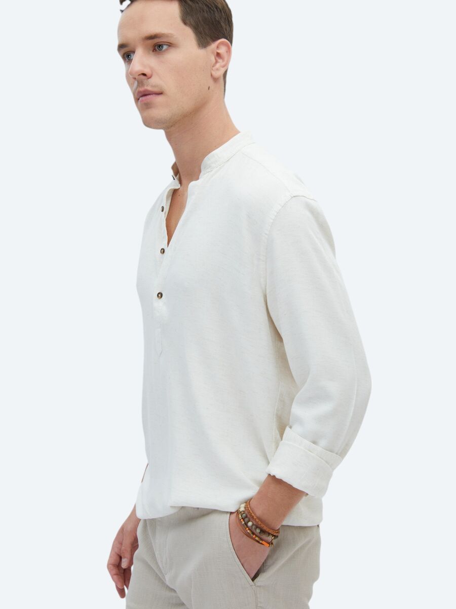 Beige Plain Regular Fit Weaving Casual Linen Blended Shirt - 4