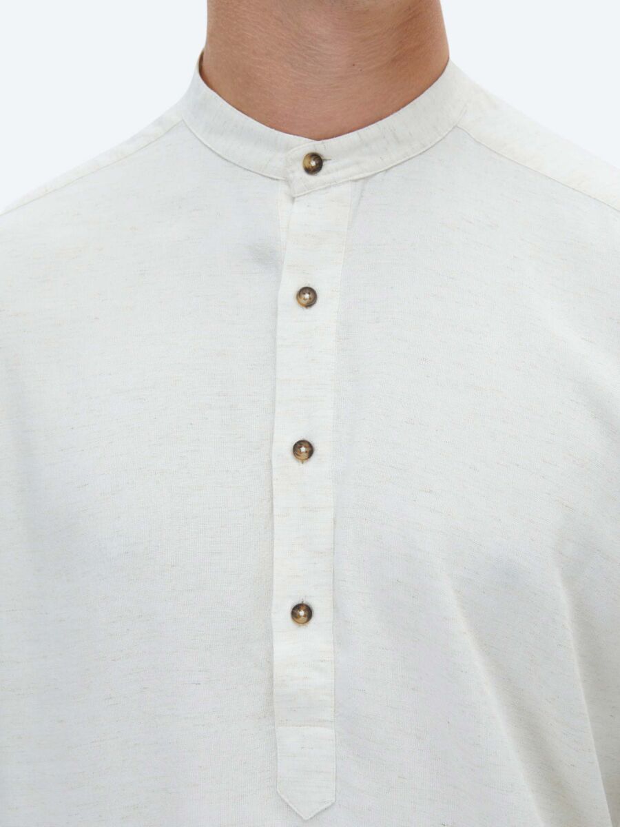 Beige Plain Regular Fit Weaving Casual Linen Blended Shirt - 5