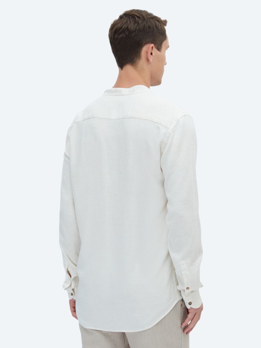 Beige Plain Regular Fit Weaving Casual Linen Blended Shirt - 6