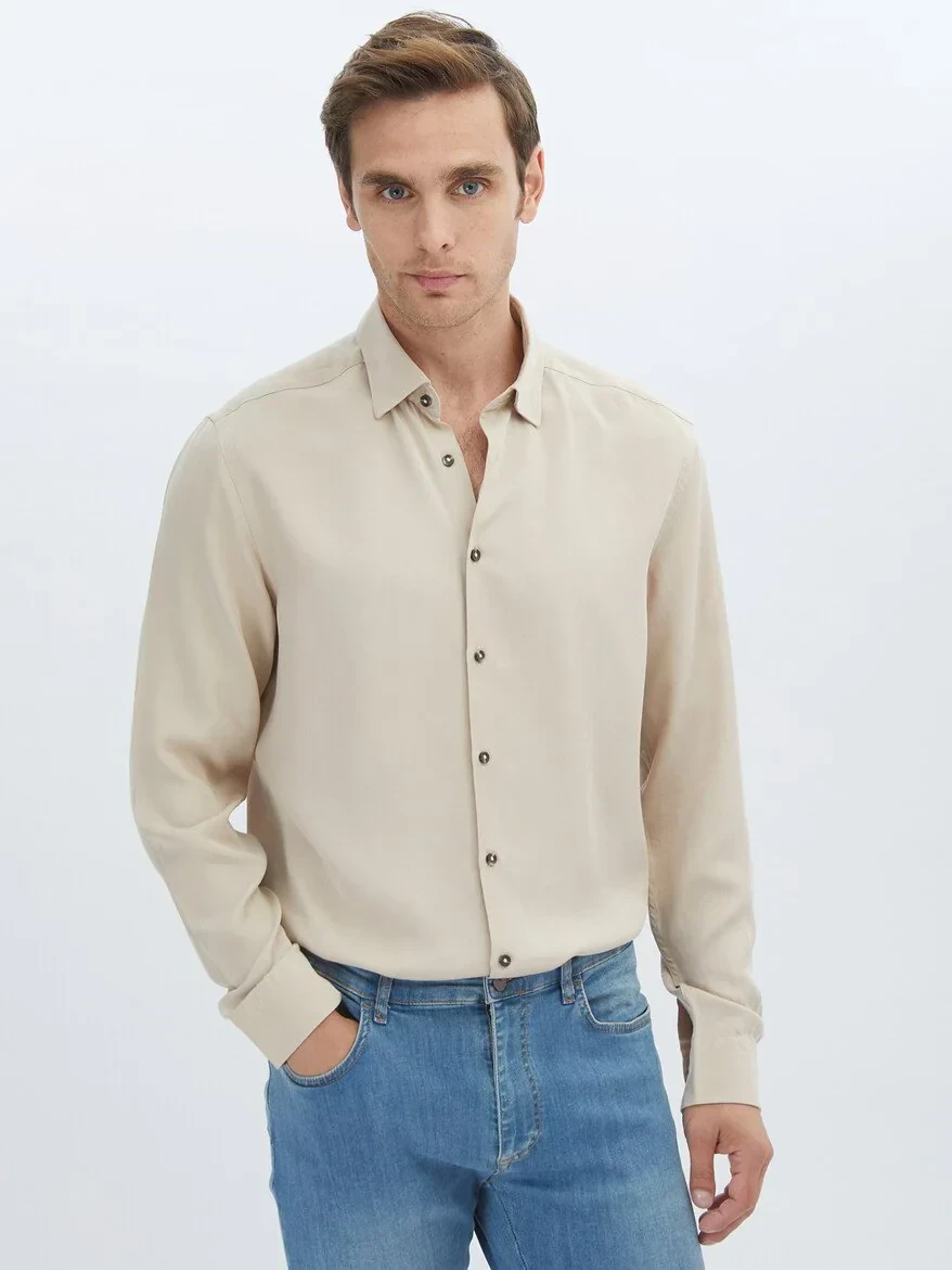 Beige Plain Regular Fit Weaving Casual Shirt - 1
