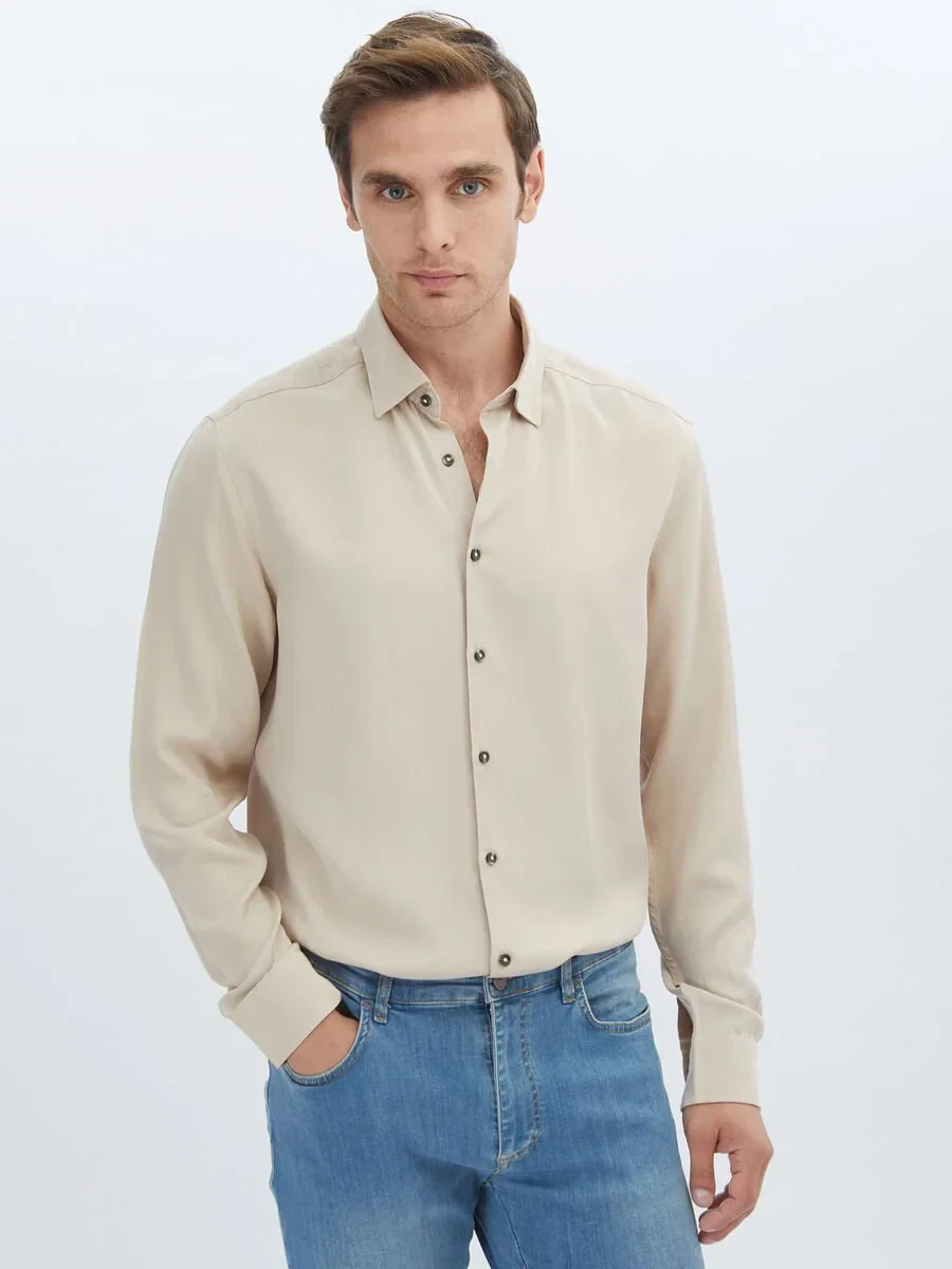 Beige Plain Regular Fit Weaving Casual Shirt - 1