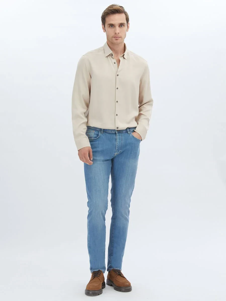 Beige Plain Regular Fit Weaving Casual Shirt - 2