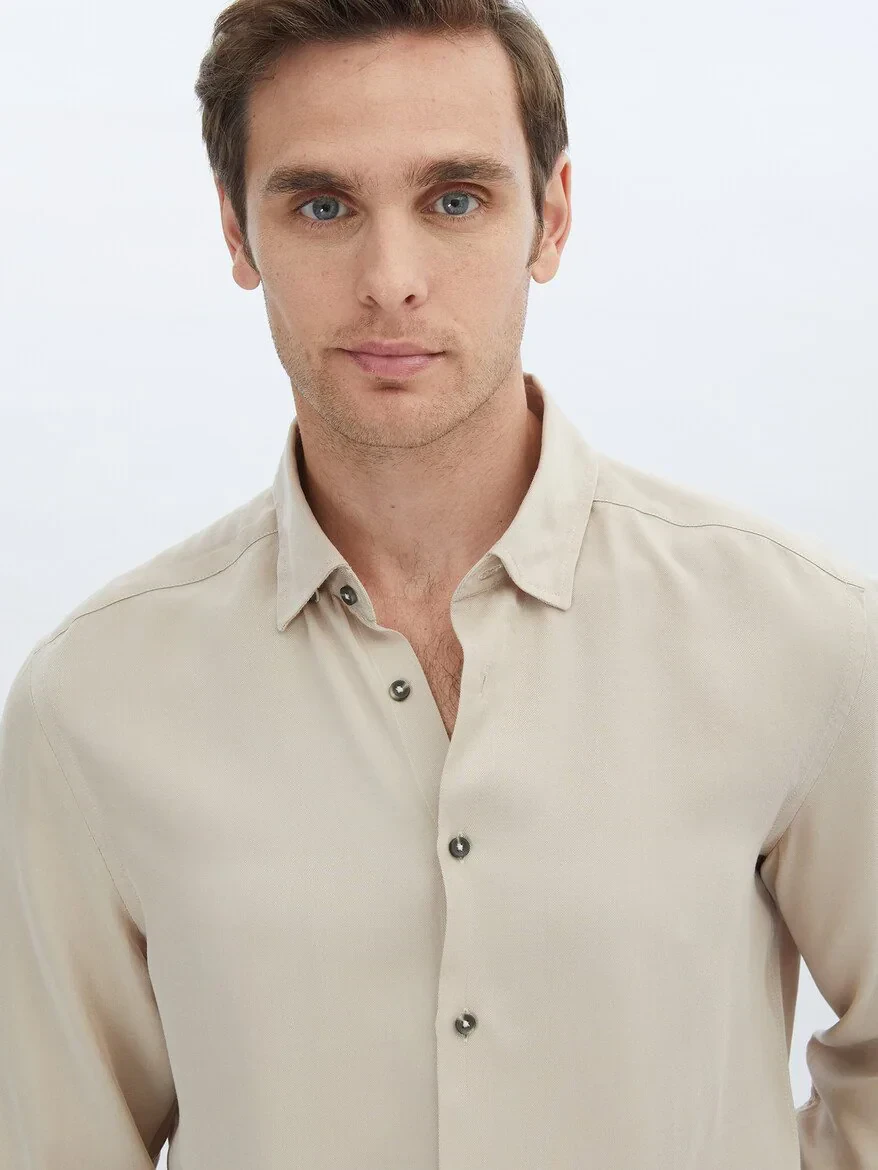 Beige Plain Regular Fit Weaving Casual Shirt - 3