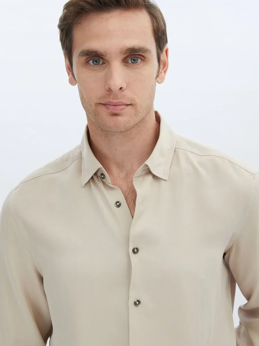Beige Plain Regular Fit Weaving Casual Shirt - 3