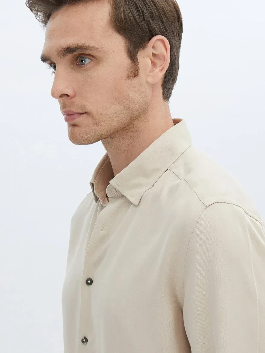 Beige Plain Regular Fit Weaving Casual Shirt - 4
