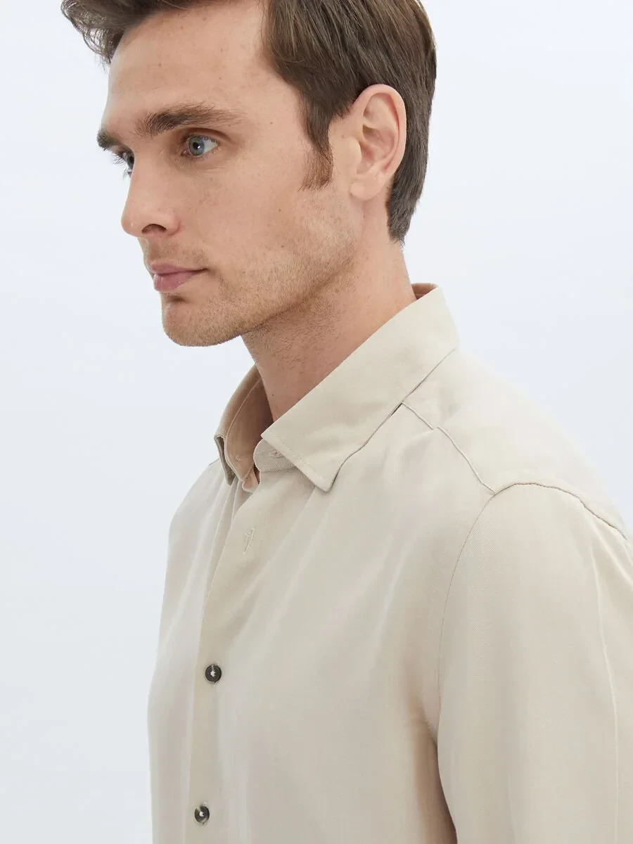 Beige Plain Regular Fit Weaving Casual Shirt - 4