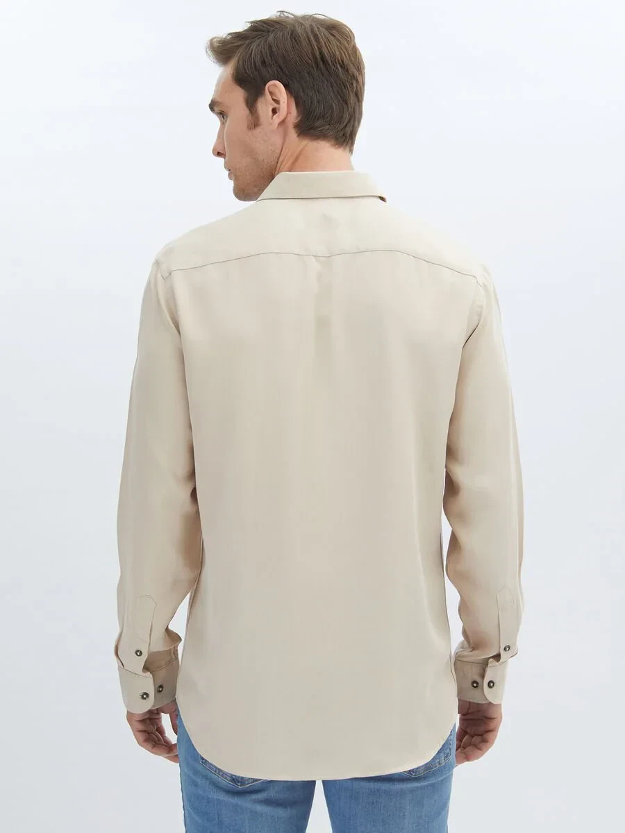 Beige Plain Regular Fit Weaving Casual Shirt - 5