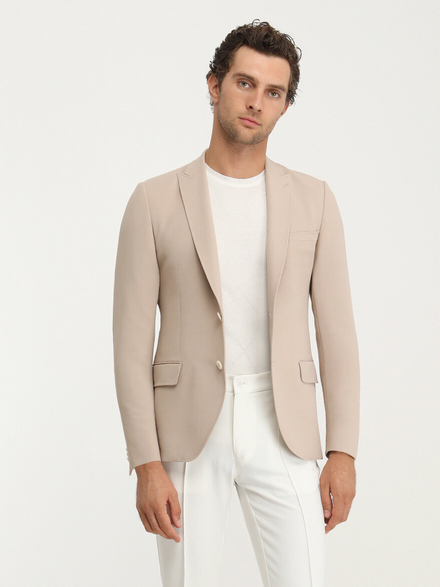 Beige Plain Slim Fit Jacket - 1