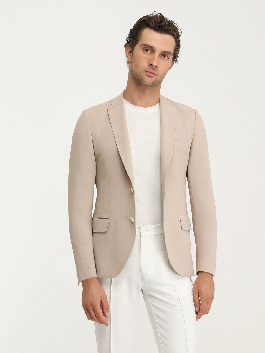 Beige Plain Slim Fit Jacket - 1