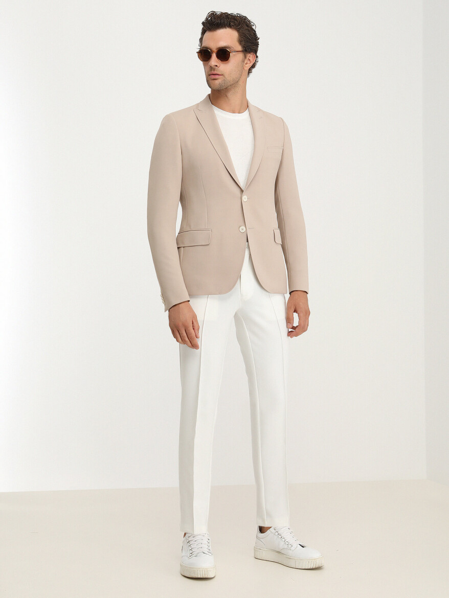 Beige Plain Slim Fit Jacket - 3