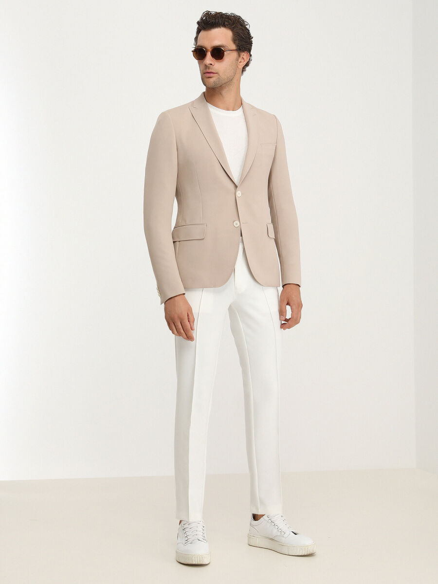 Beige Plain Slim Fit Jacket - 3