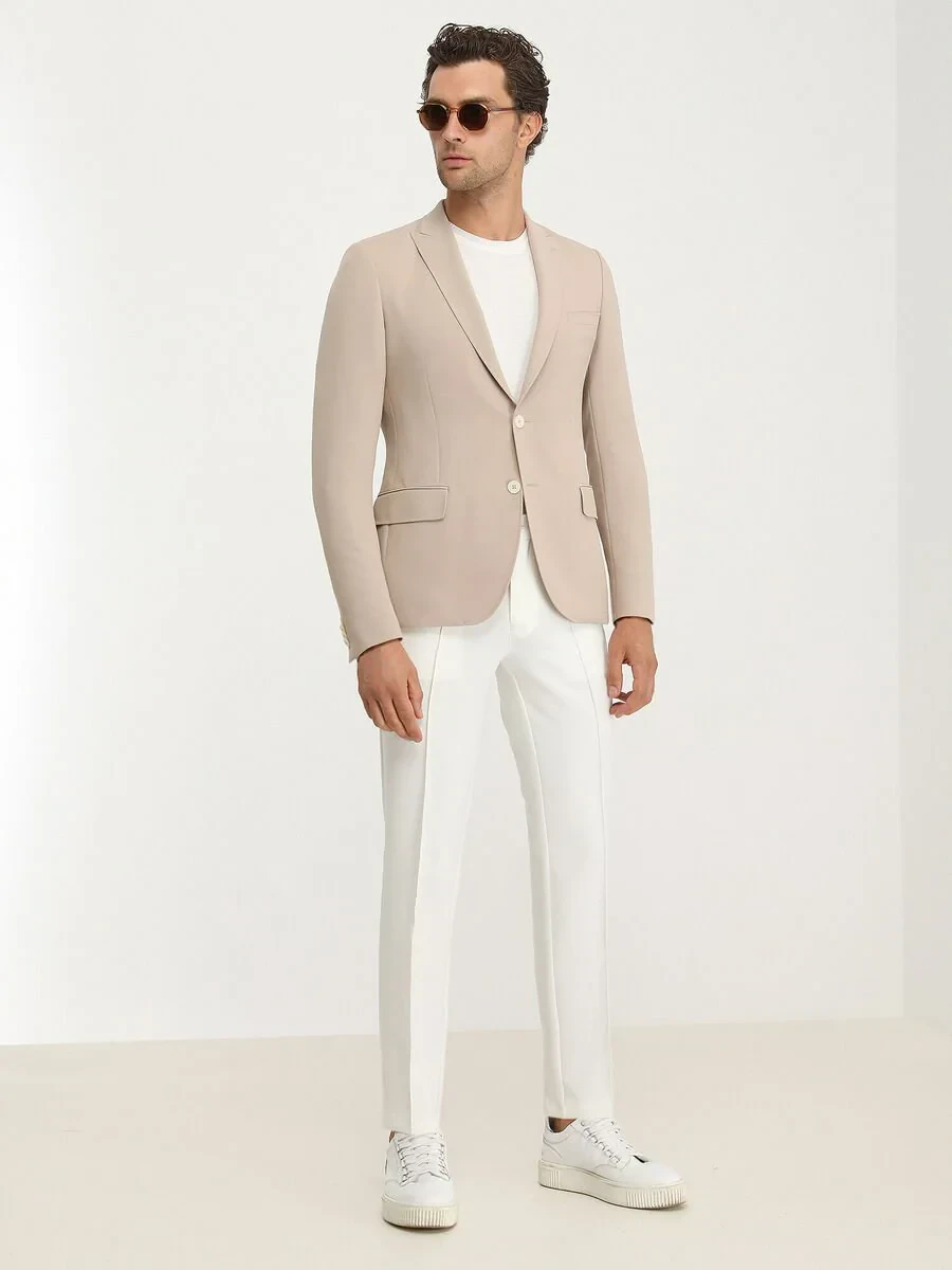 Beige Plain Slim Fit Jacket - 3
