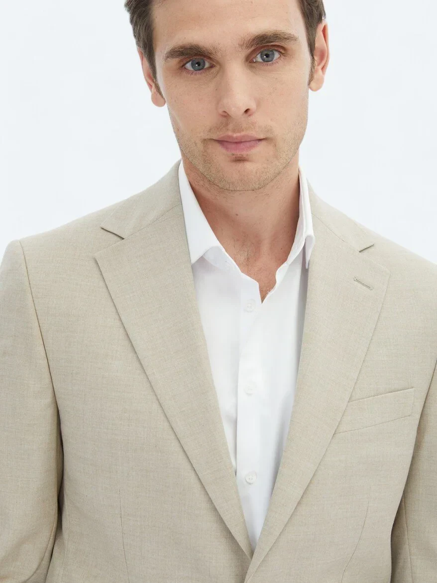 Beige Plain Slim Fit Suit - 3