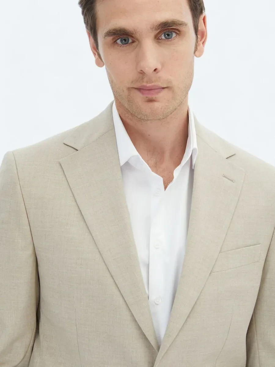 Beige Plain Slim Fit Suit - 3