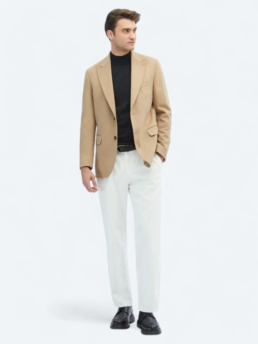 Beige Plain Wool Blended Jacket - 2