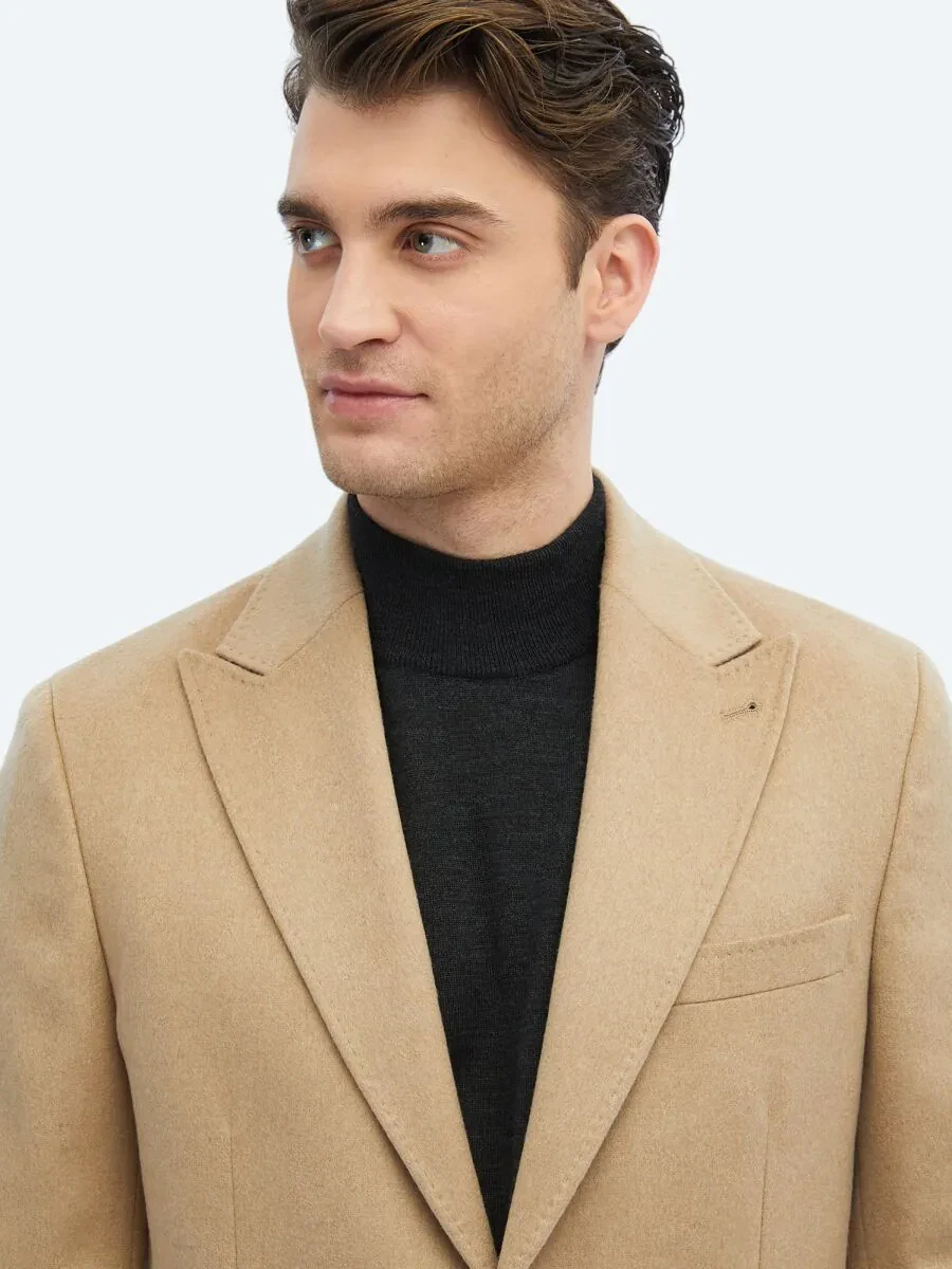 Beige Plain Wool Blended Jacket - 3