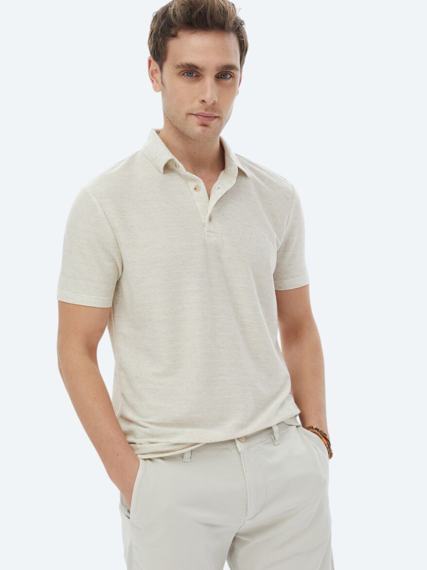 Beige Polo Neck Linen Blended T-Shirt - 1