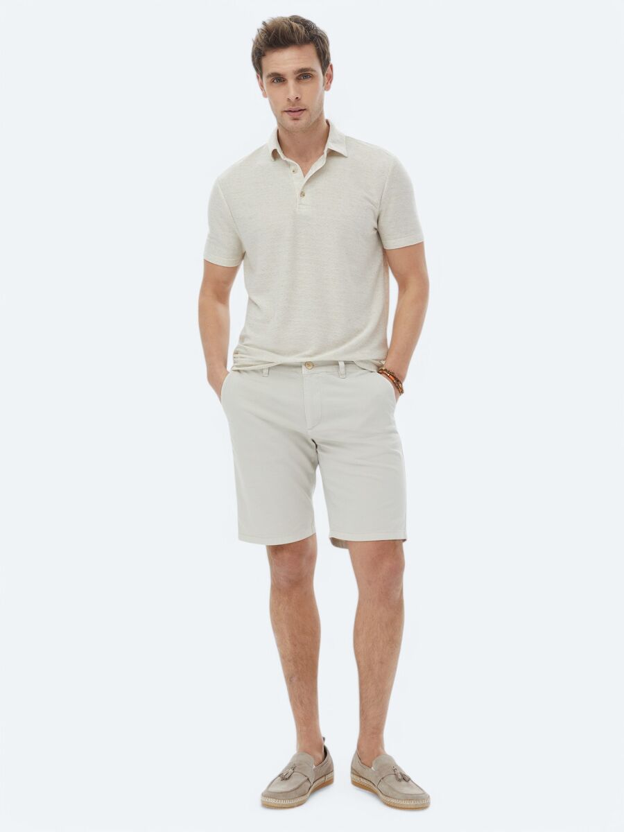 Beige Polo Neck Linen Blended T-Shirt - 2