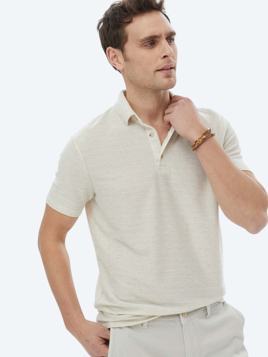 Beige Polo Neck Linen Blended T-Shirt - 3