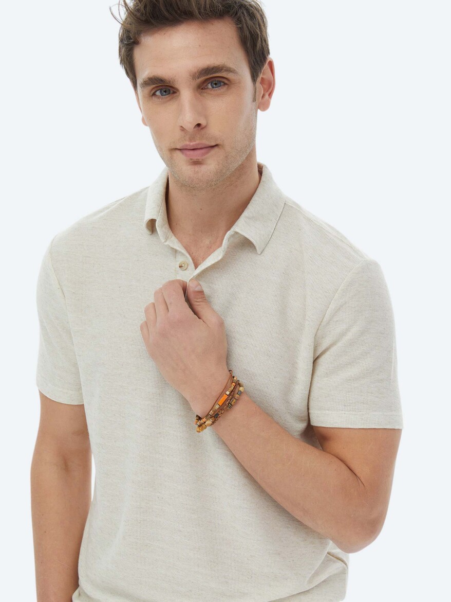 Beige Polo Neck Linen Blended T-Shirt - 4