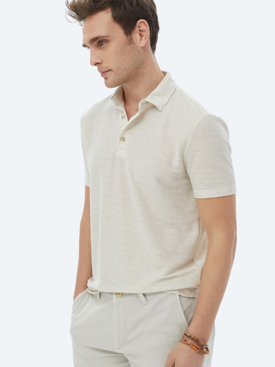 Beige Polo Neck Linen Blended T-Shirt - 5
