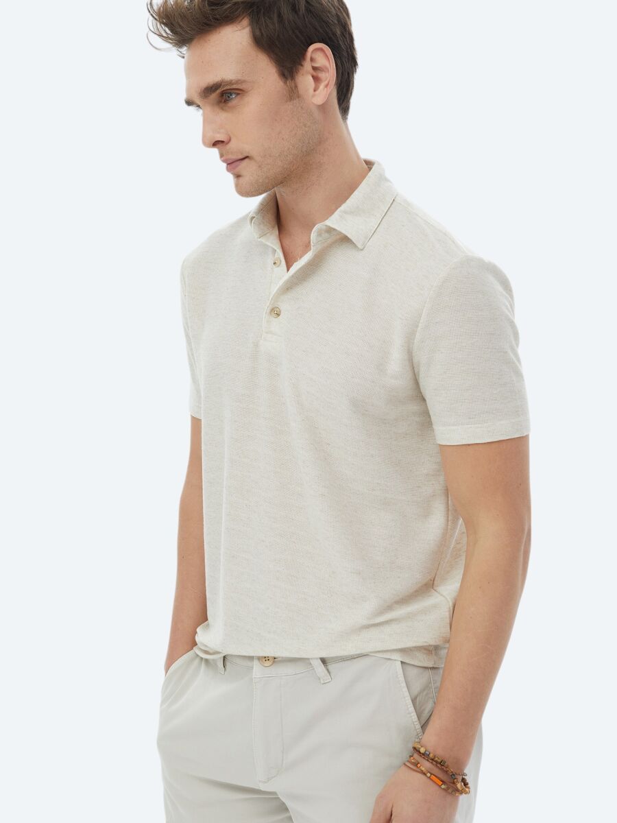 Beige Polo Neck Linen Blended T-Shirt - 5