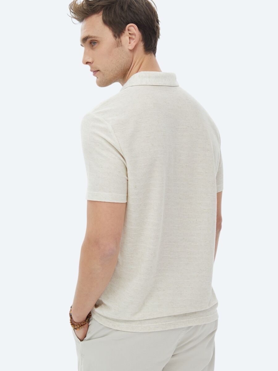Beige Polo Neck Linen Blended T-Shirt - 7