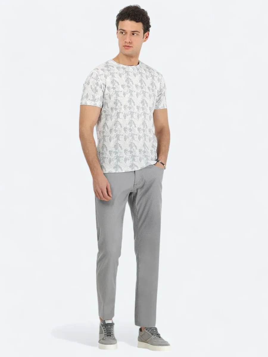 Beige Printed Crew Neck Cotton Blended T-Shirt - 2