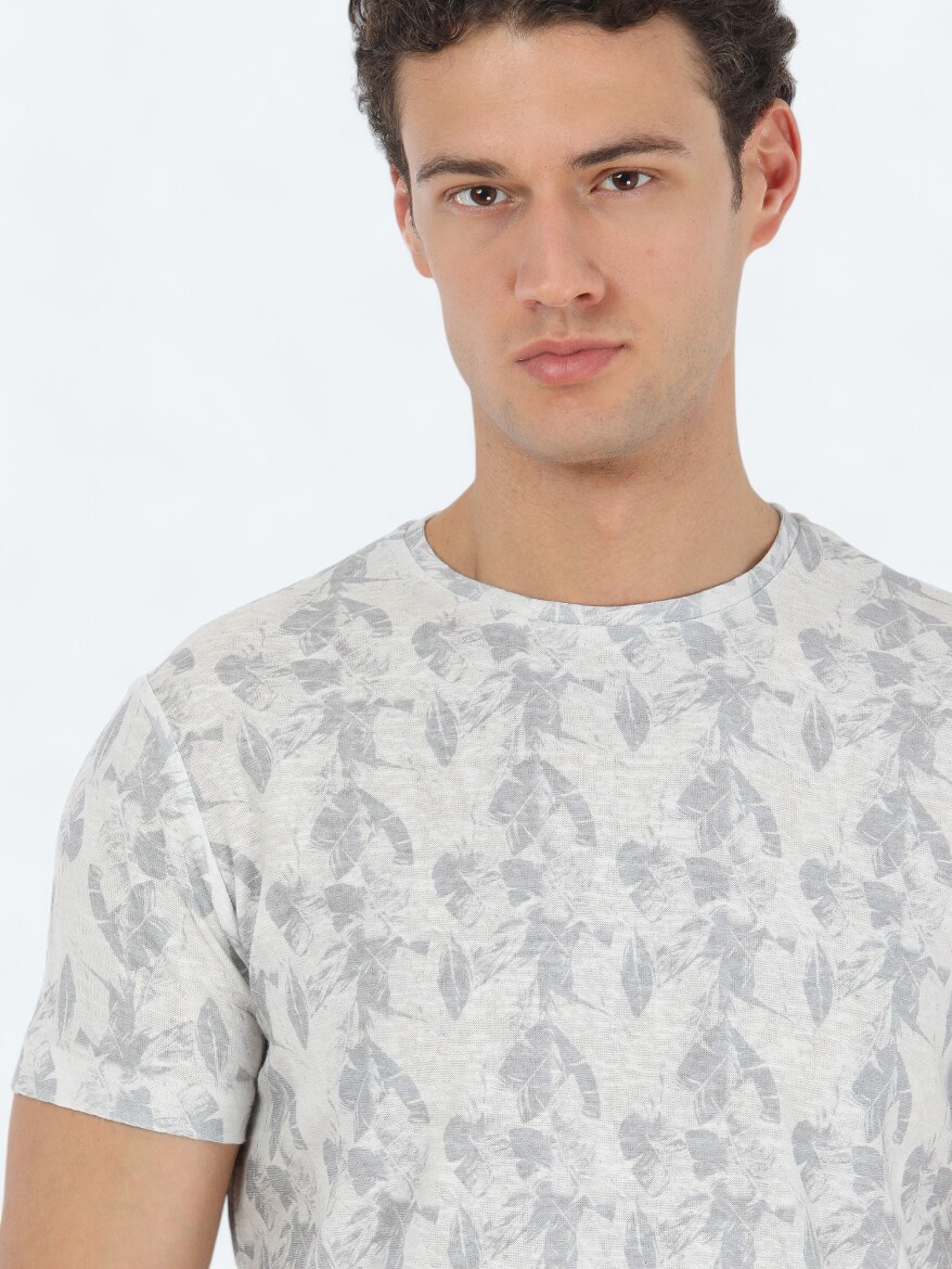 Beige Printed Crew Neck Cotton Blended T-Shirt - 3