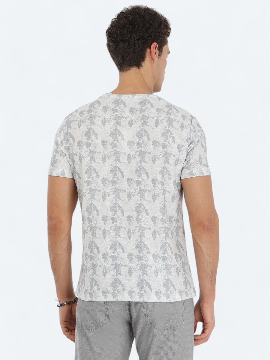 Beige Printed Crew Neck Cotton Blended T-Shirt - 4