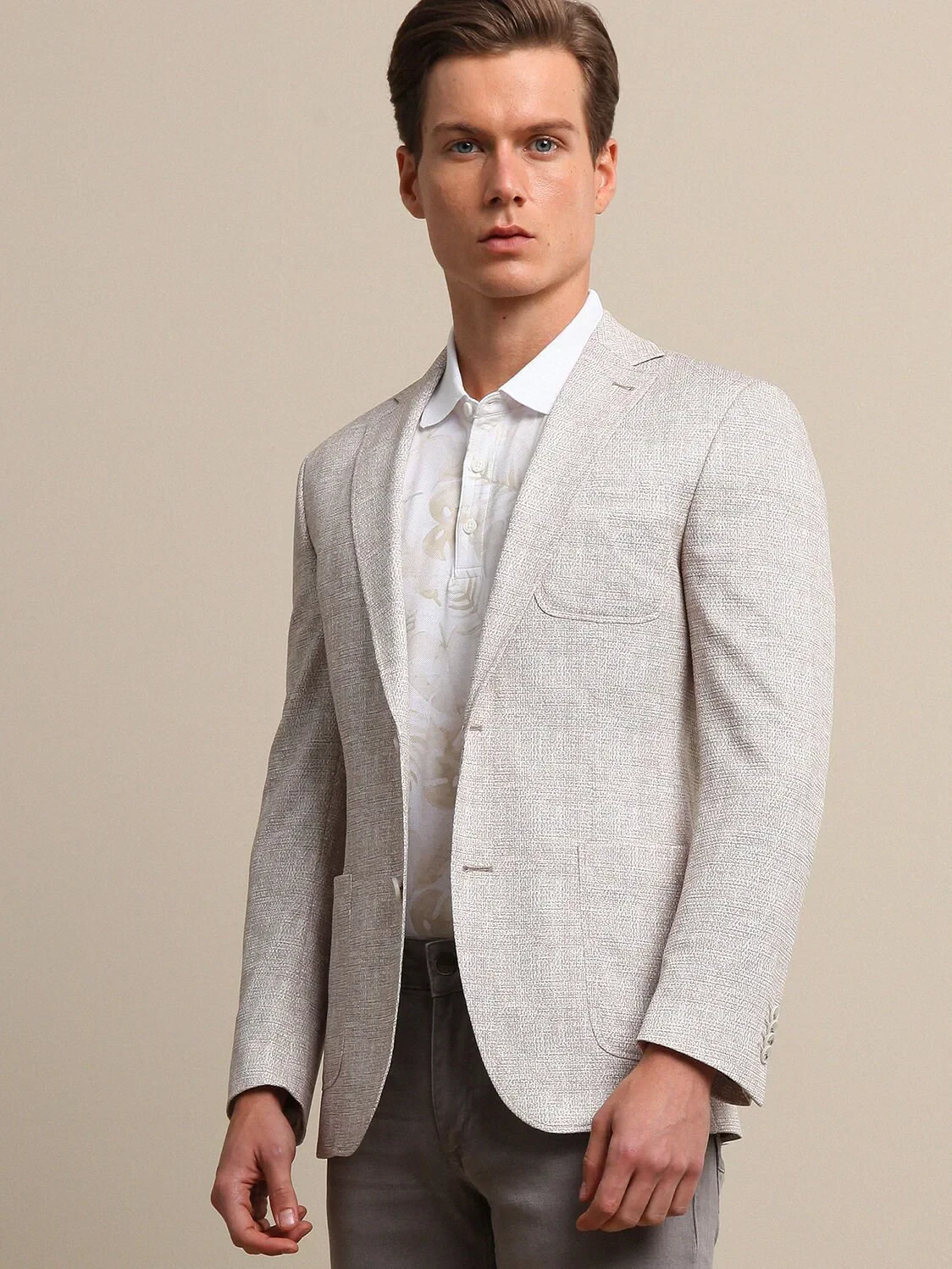 Beige Printed Modern Fit Jacket - 3
