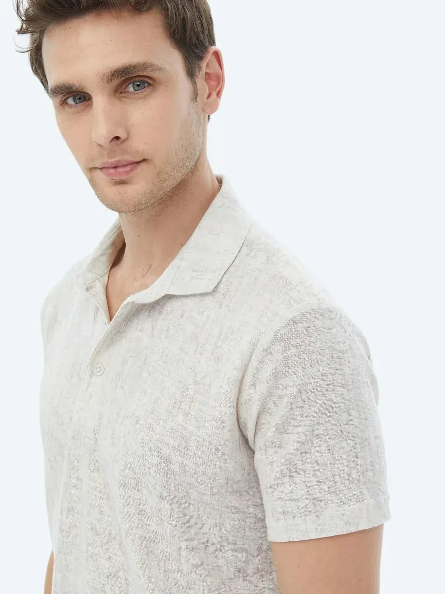 Beige Printed Polo Neck Cotton Blended T-Shirt - 5