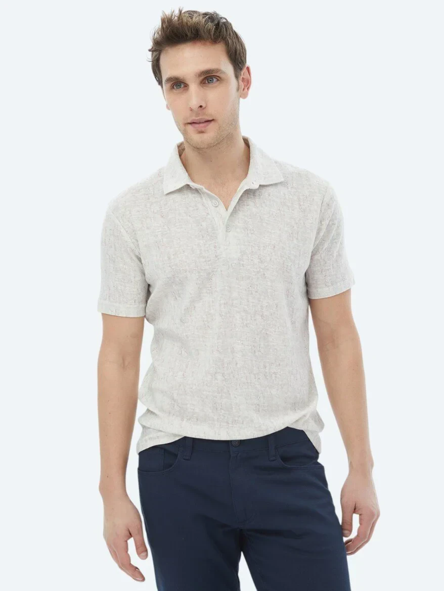 Beige Printed Polo Neck Cotton Blended T-Shirt - 8