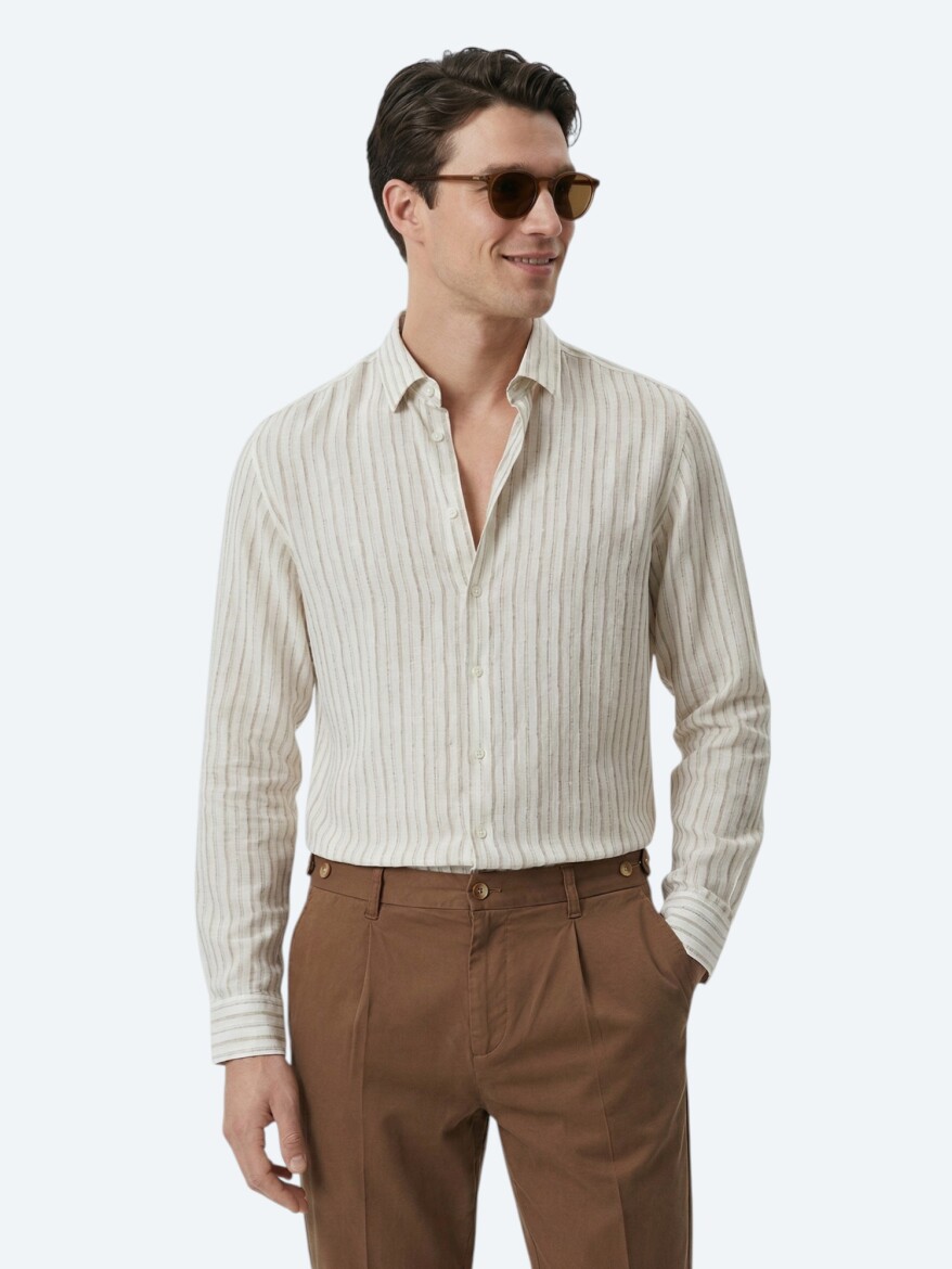 Beige Printed Regular Fit Long Weaving Casual Shirt - KİP