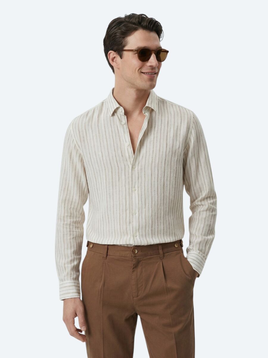 Beige Printed Regular Fit Long Weaving Casual Shirt - 1