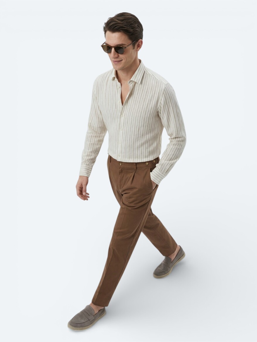 Beige Printed Regular Fit Long Weaving Casual Shirt - KİP