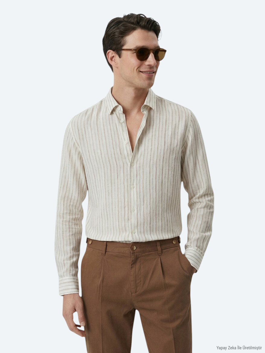 Beige Printed Regular Fit Long Weaving Casual Shirt - KİP