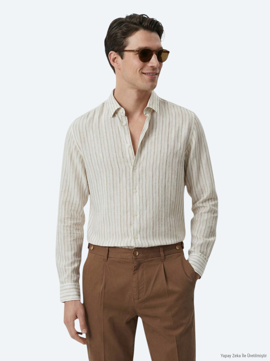 Beige Printed Regular Fit Long Weaving Casual Shirt - 1