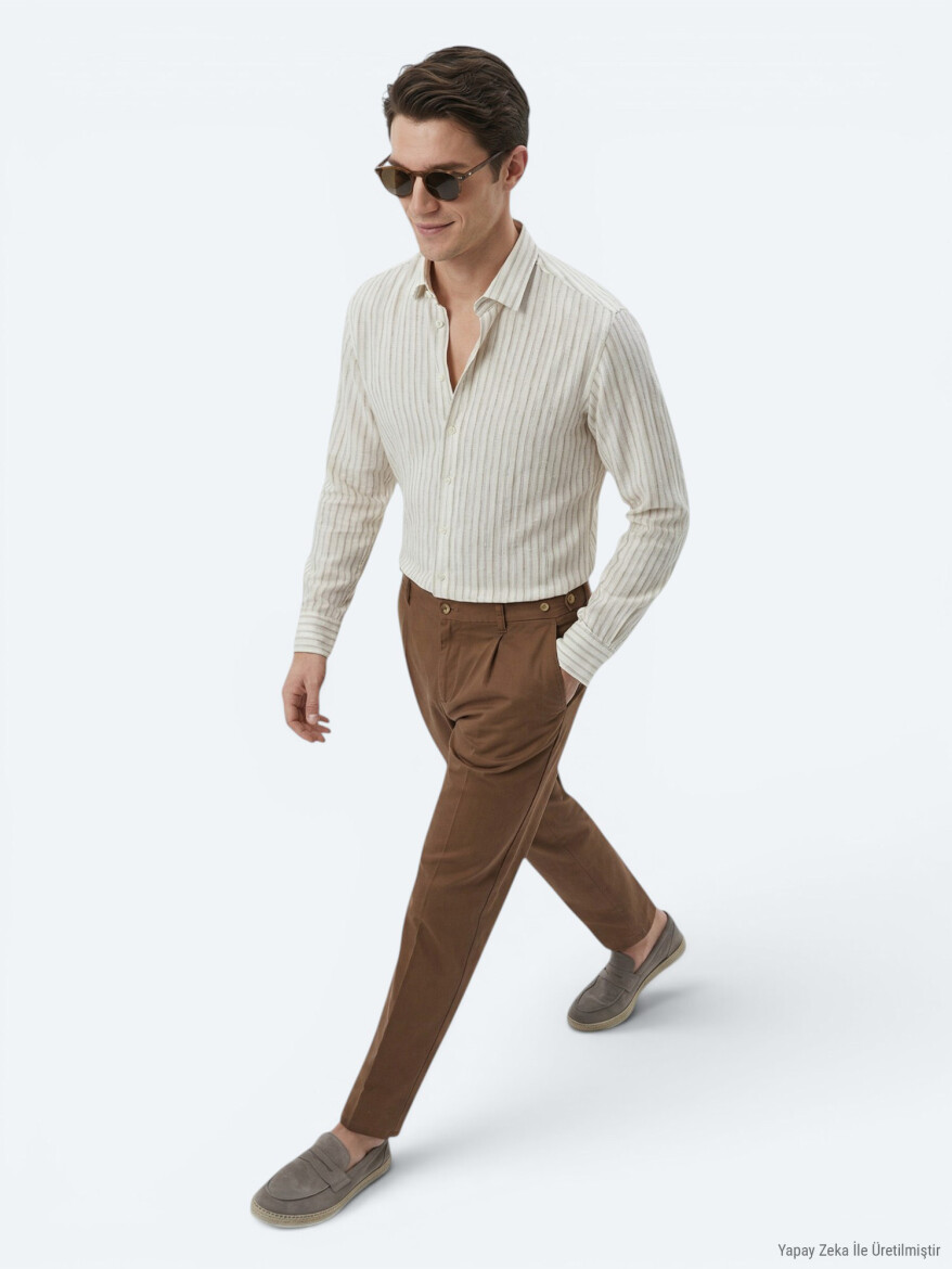 Beige Printed Regular Fit Long Weaving Casual Shirt - KİP