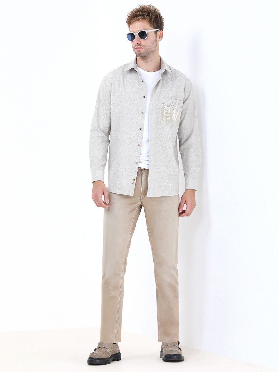 Beige Printed Regular Fit Weaving Casual Cotton Blended Shirt - 2