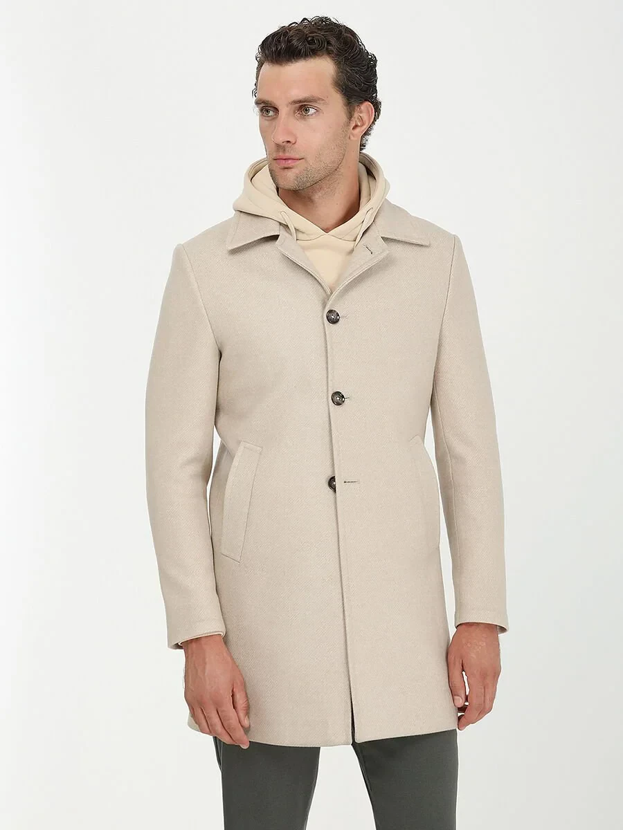 Beige Regular Fit Butterfly Collar Classical Weaving Overcoat - 1