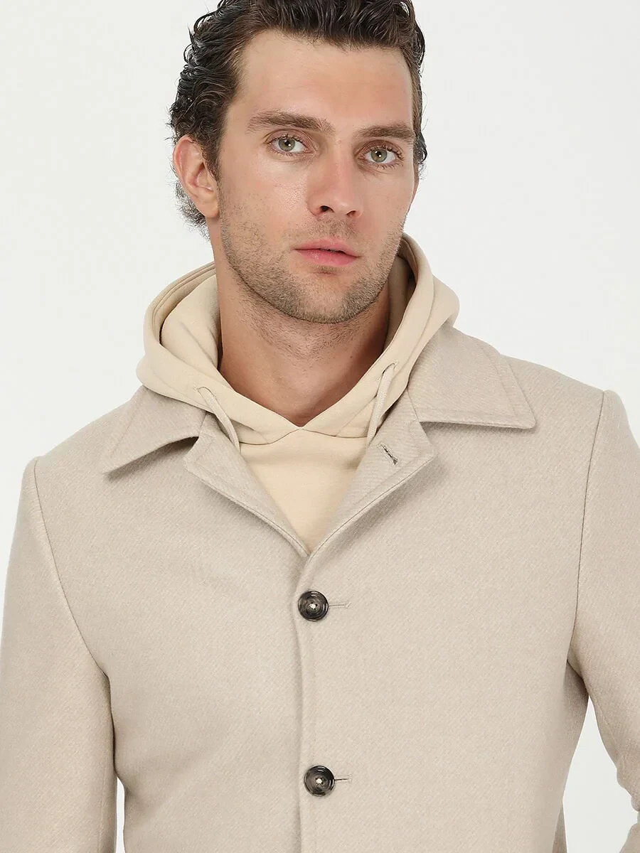 Beige Regular Fit Butterfly Collar Classical Weaving Overcoat - 3
