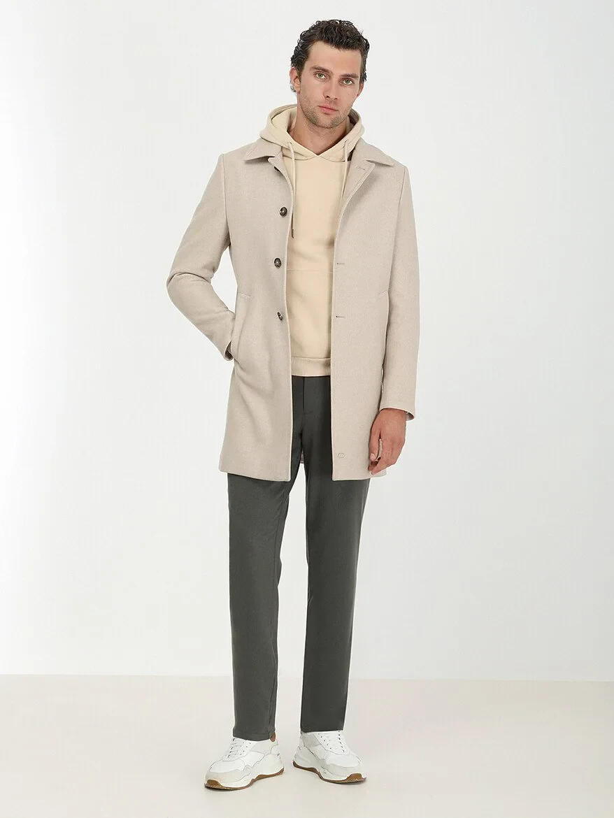 Beige Regular Fit Butterfly Collar Classical Weaving Overcoat - 4