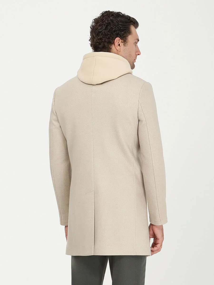 Beige Regular Fit Butterfly Collar Classical Weaving Overcoat - 6